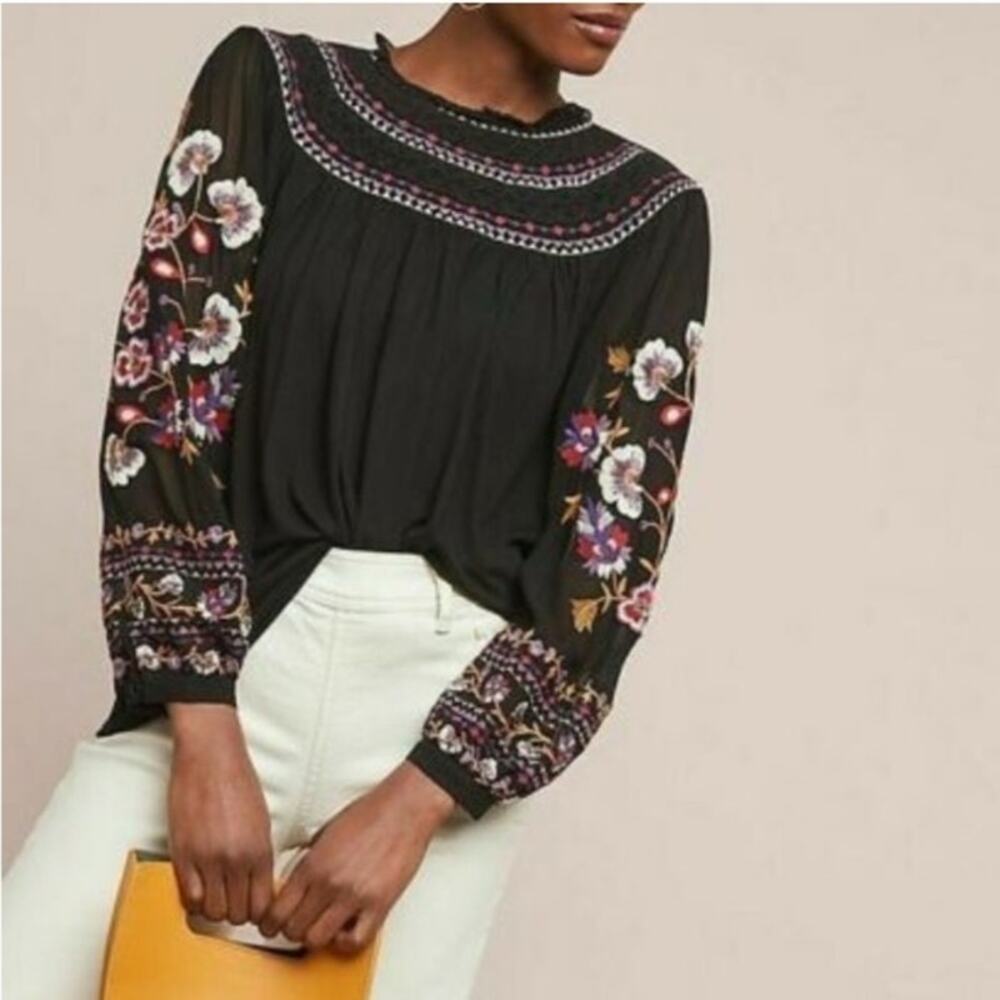 Anthropologie Akemi & Kin Louise Embroidered Top Beaded Boho Sheer Floral Large